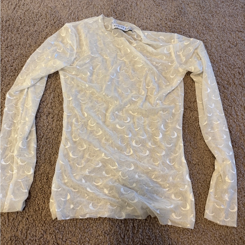Marine Serre Cream Crescent-Pattern Long Sleeve Mesh Top